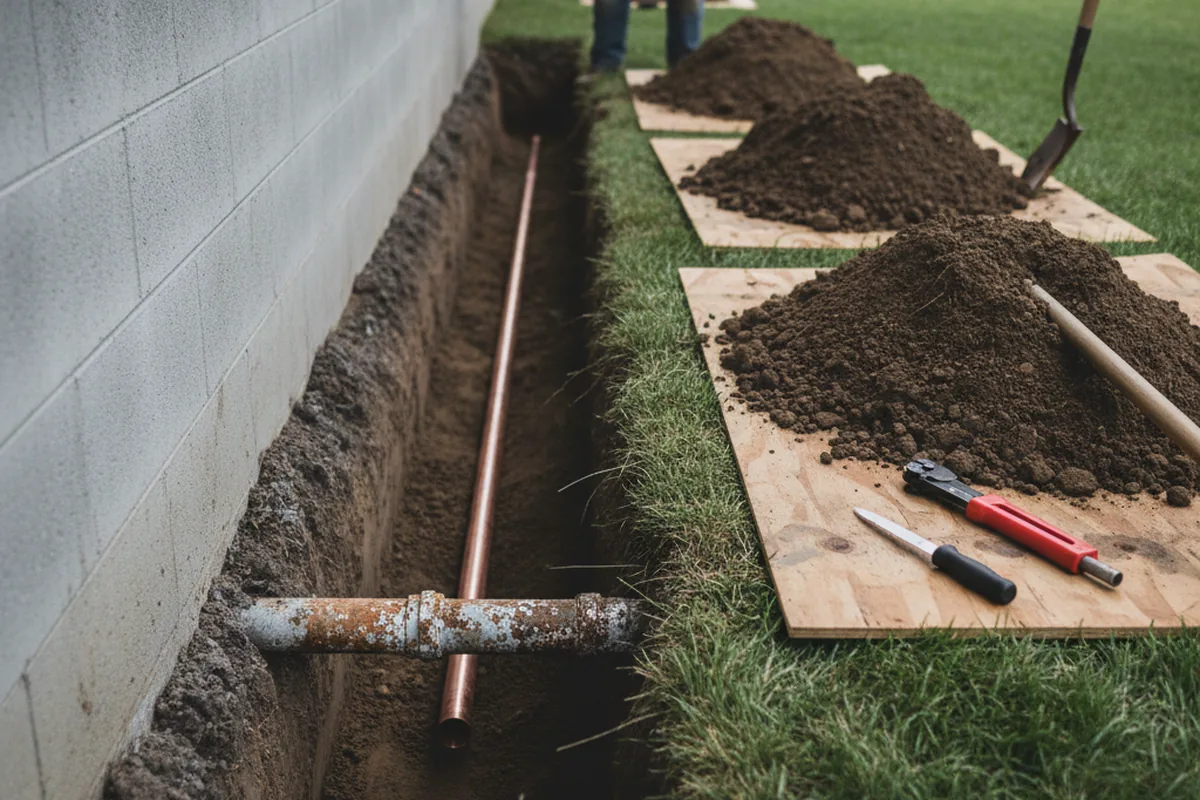 Excavated water line trench during Water Heater Repair in Felicity